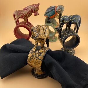 Four Vintage Wooden Animal Shaped Napkin Rings from India Circa 1970s